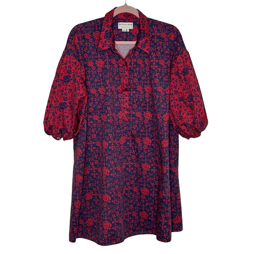Sachin + Babi Red and Blue Puff Sleeve Mini Dress